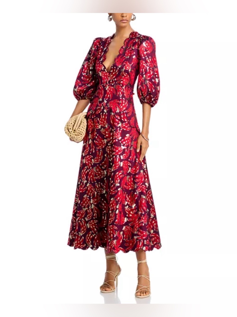 FARM Rio Bossa Banana Metallic Jacquard Maxi Dress, Sz :XS